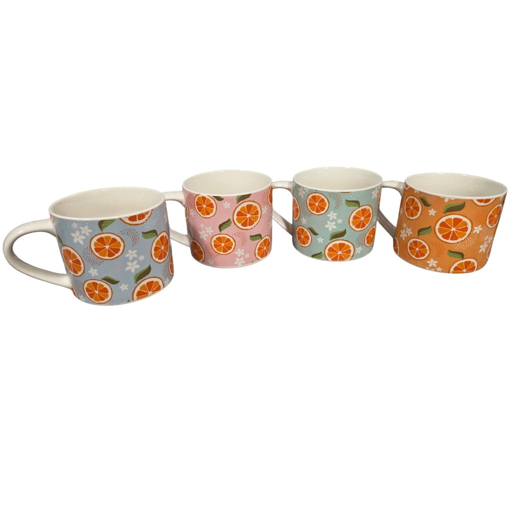 Coco + Lola Citrus Orange Ceramic Mug Set of 4 Pastel Floral Coffee Cups